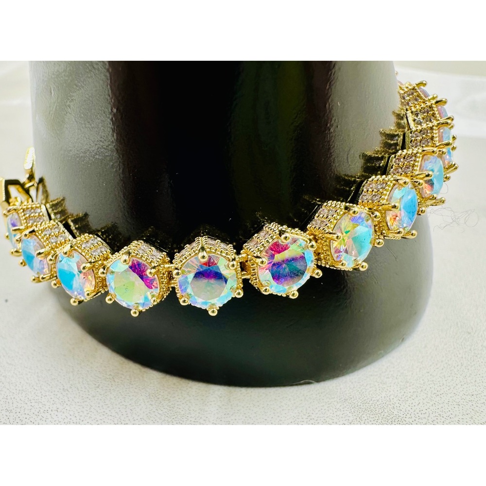 Rare Limited Edition Park Lane Gold Tone Aurora Borealis Toggle Tennis Bracelet - Picture 2 of 12